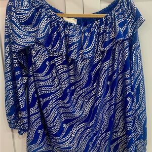 Michael Kors Royal Blue Metallic Chain-Print Top SZ L off the shoulder sexy lux